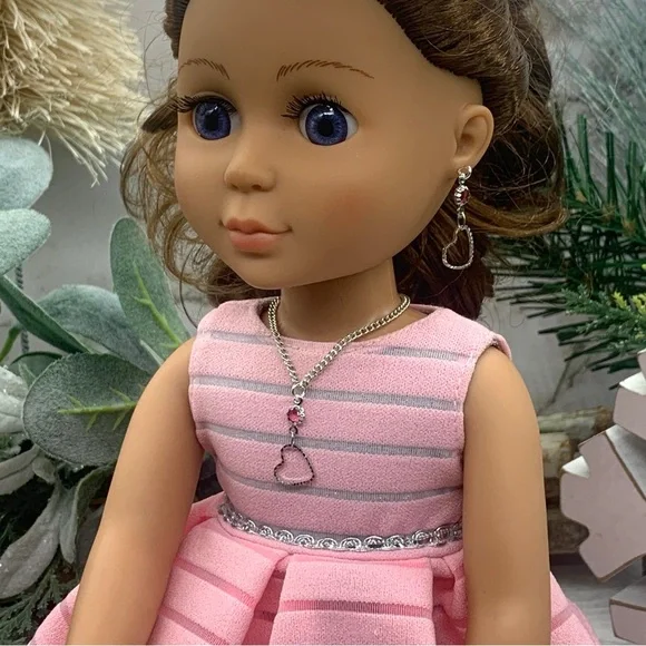 Silver Heart Pink Crystal Silver Doll Necklace Earring Set 14” Wellie Wisher 5/1 - Picture 5 of 15